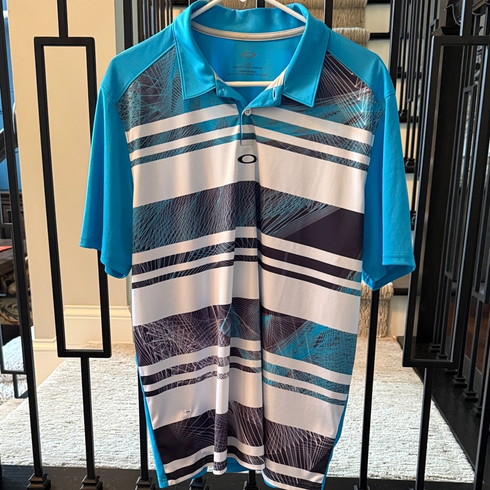 Oakley Men's Aqua and White Striped Polo Shirt